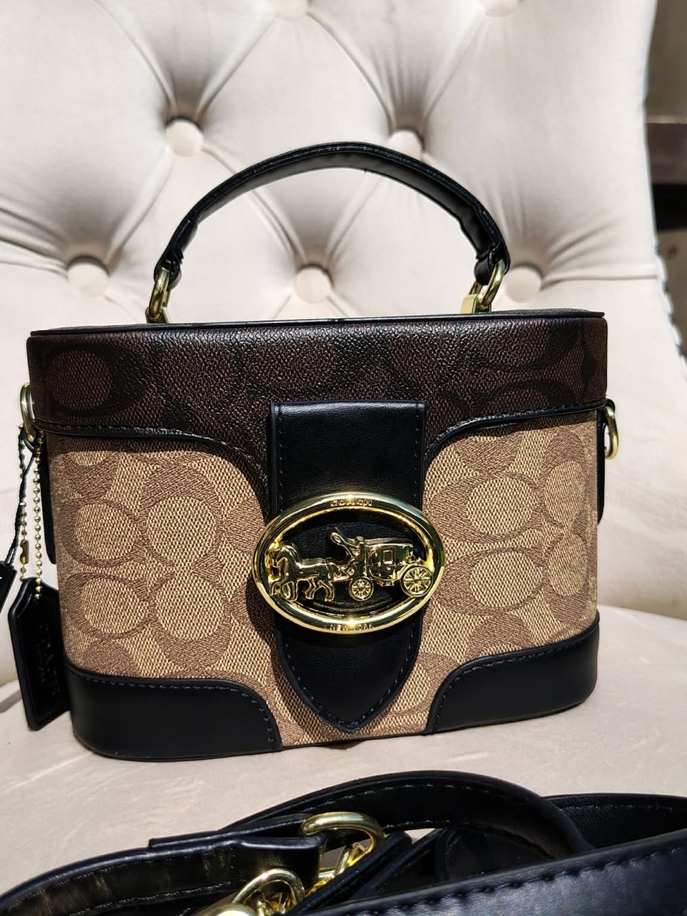 Coach Brown/Tan Canvas and Black Leather Top Handle Satchel with Gold Hardware